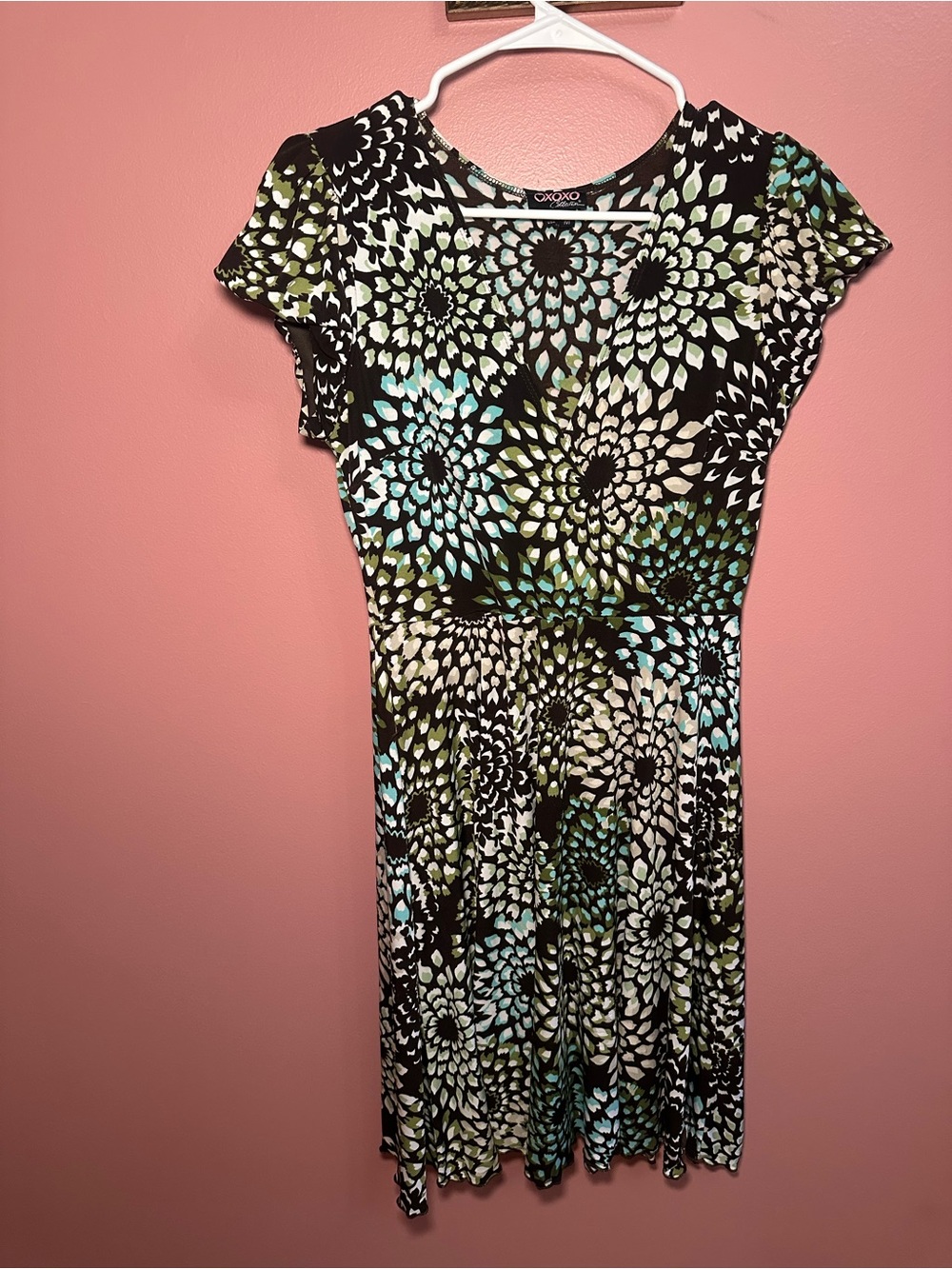 XOXO Black Midi Dress with Aqua and Olive Floral Burst